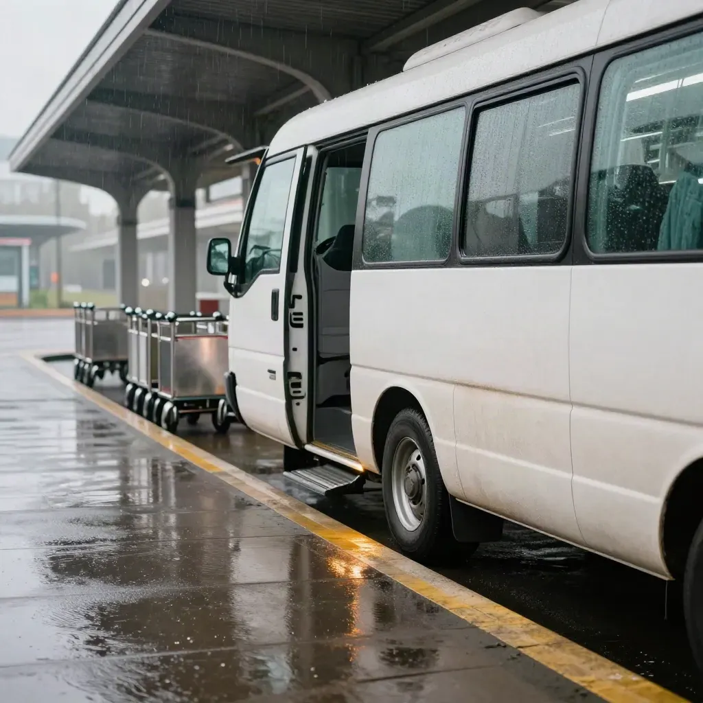 Minibus bianco sotto una pensilina, carrelli bagagli vuoti e banchina bagnata