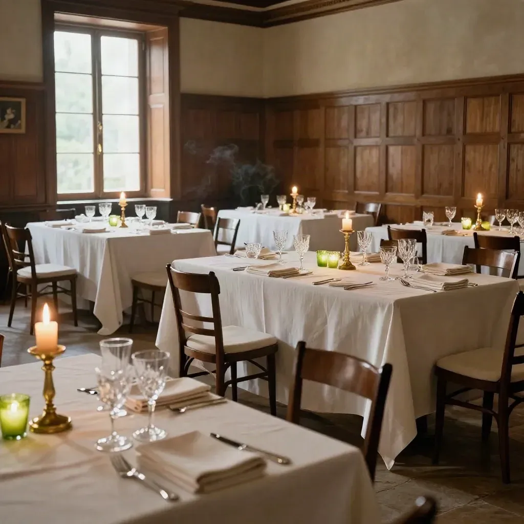 Sala banchetti allestita con tavoli in lino, bicchieri, tovaglioli piegati e candele accese.