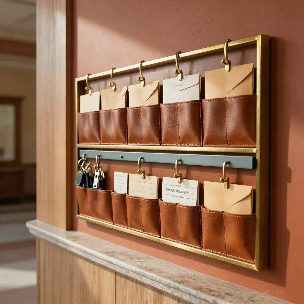 Cassetta organizzatore in corridoio con tasche, ganci in ottone, buste chiuse e portachiavi.