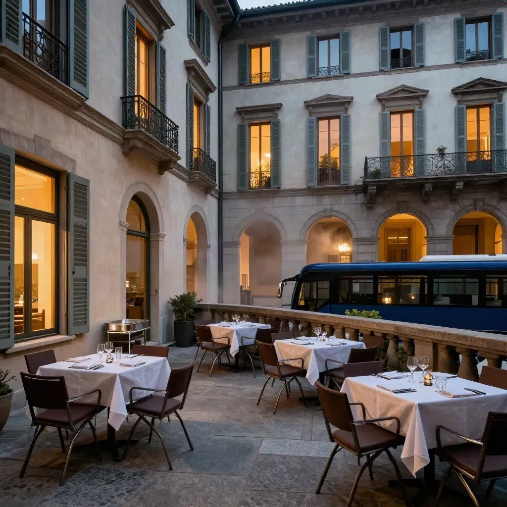 Cortile d’hotel torinese al tramonto con tavoli apparecchiati e pullman in attesa