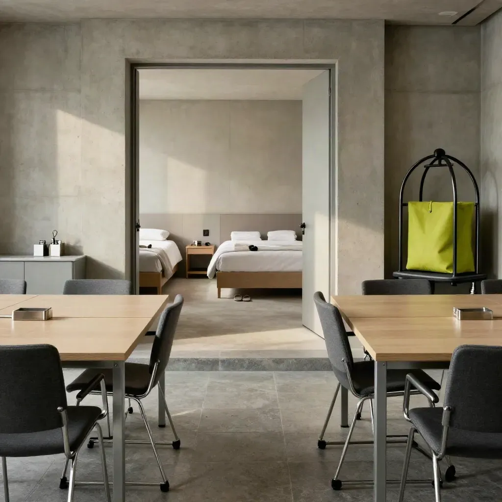 Sala riunioni di Milano pronta, camere separate visibili e vassoio chiavi alla reception.