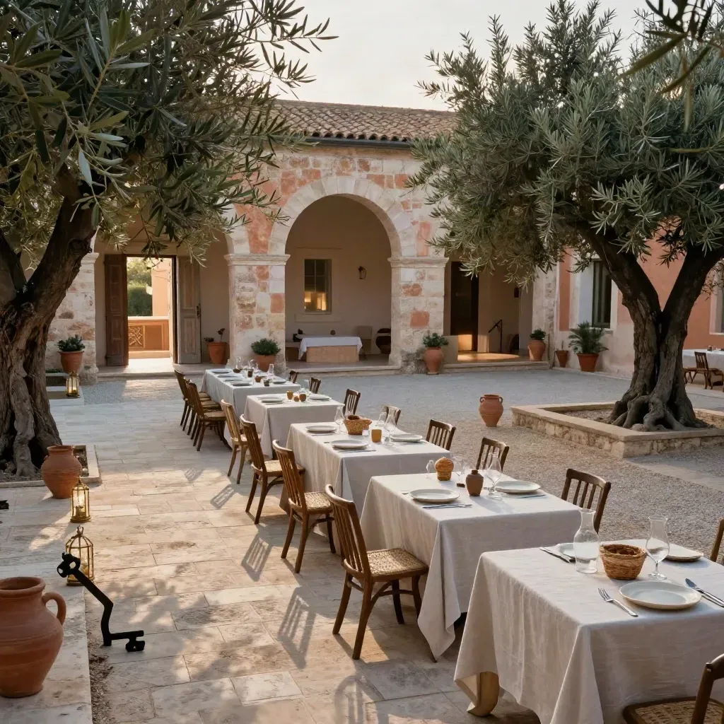 Cortile di masseria pugliese allestito per arrivi scaglionati, tavoli lunghi e ulivi in ombra.