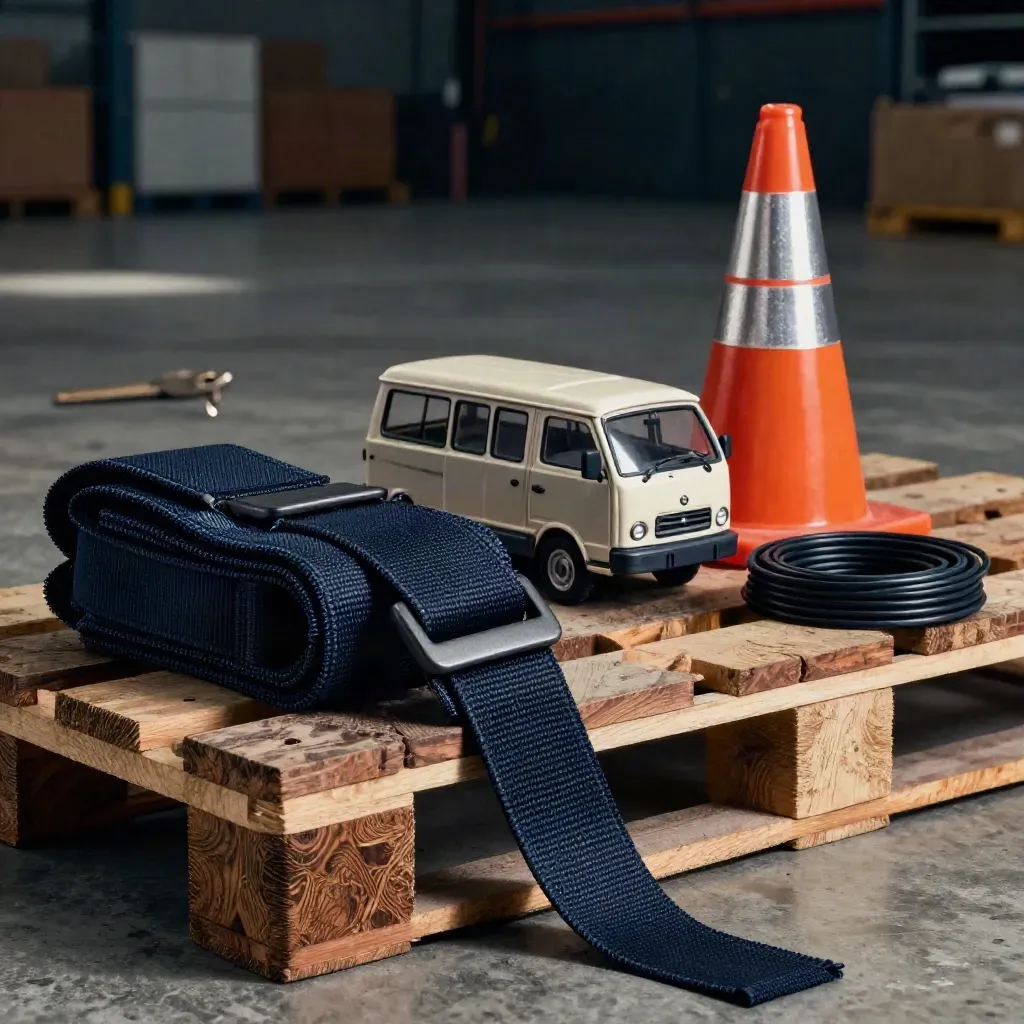 Miniatura di coach, cinghia cargo, cono stradale e fascetta su pavimento di magazzino