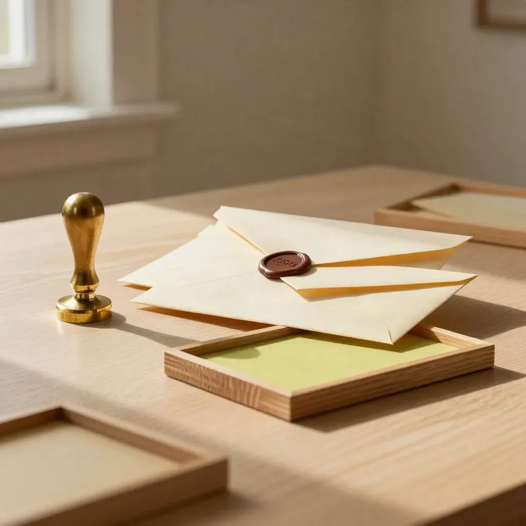 Timbro in ottone, tre buste sigillate e vassoi in legno su piano chiaro, luce radente.