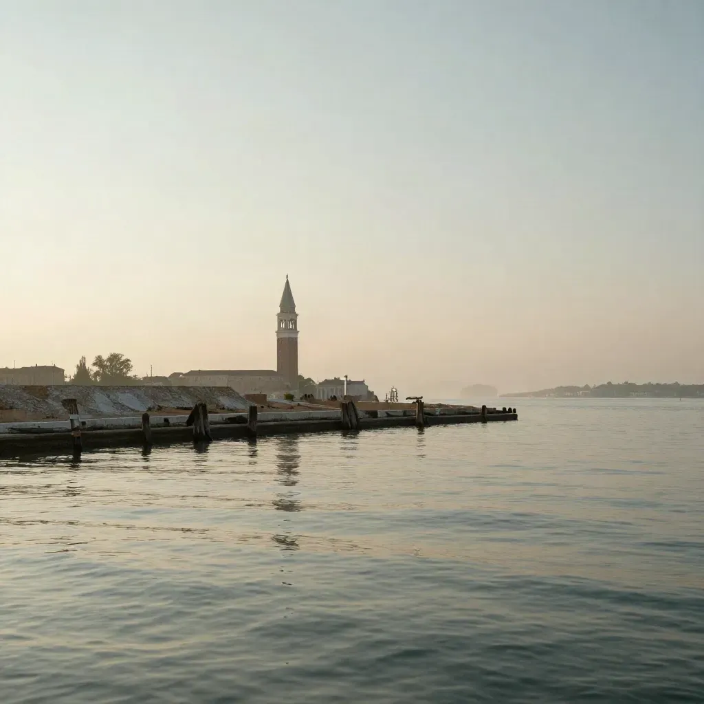 Laguna di Venezia al tramonto con campanile sottile e acqua calma in nebbia salmastra