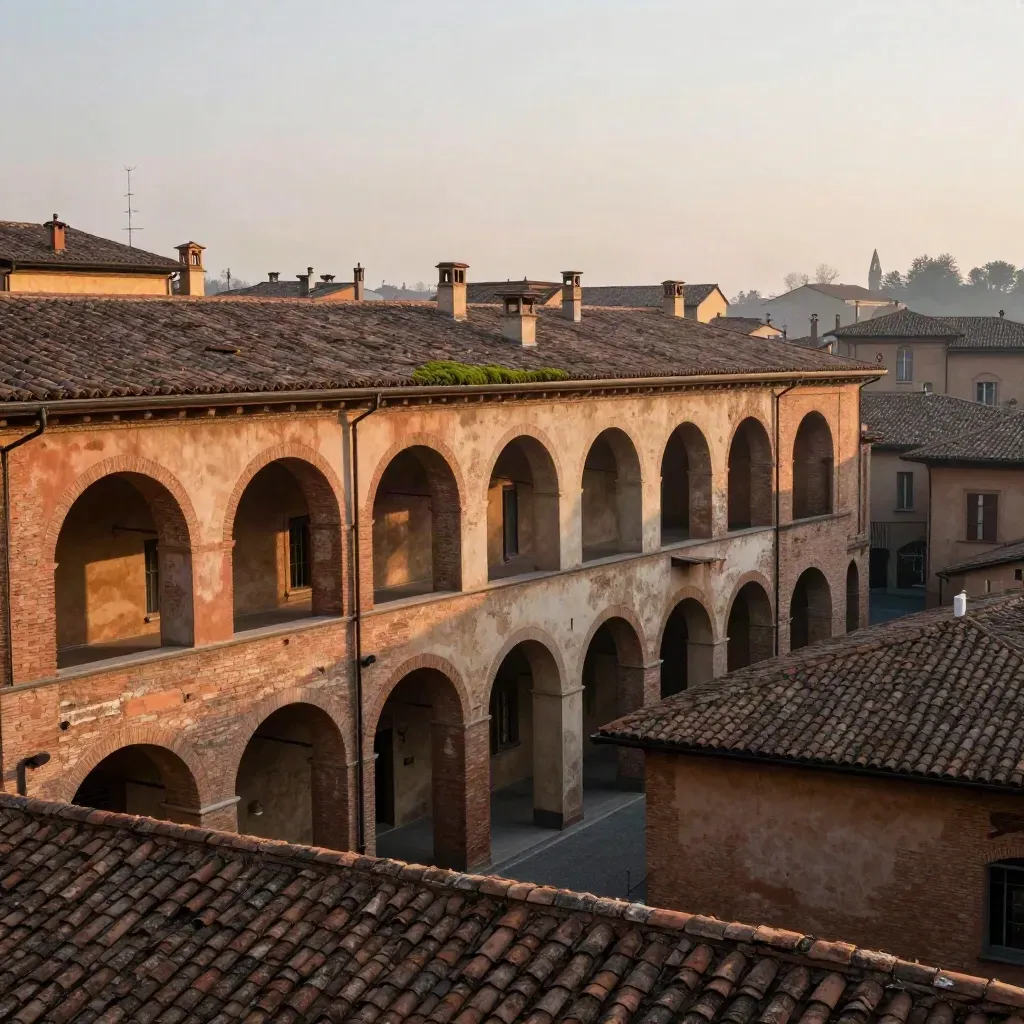Portici di Bologna al tramonto, con tetti in terracotta e foschia calda.
